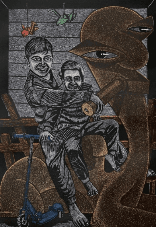 herd of sheep on road painting