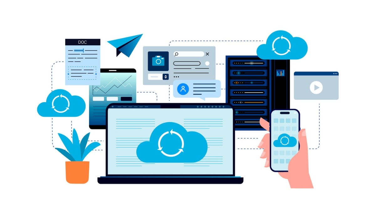 Illustration of cloud computing and synchronized devices including laptops, servers, and mobile screens, representing essential enterprise integration patterns for data sharing, system connectivity, and digital workflow optimization.
