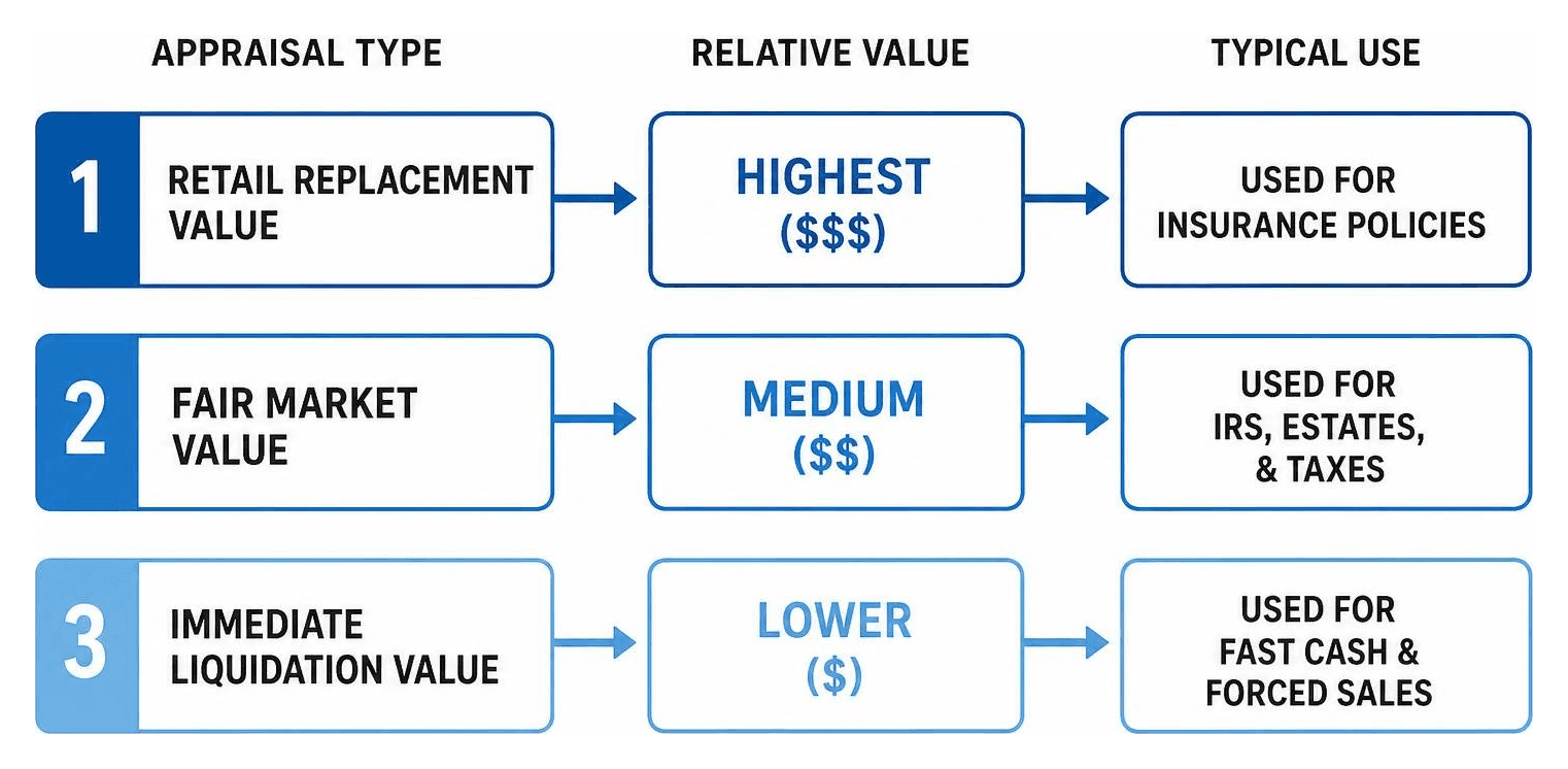 Comparison of Retail Replacement, Fair Market, and Immediate Liquidation values