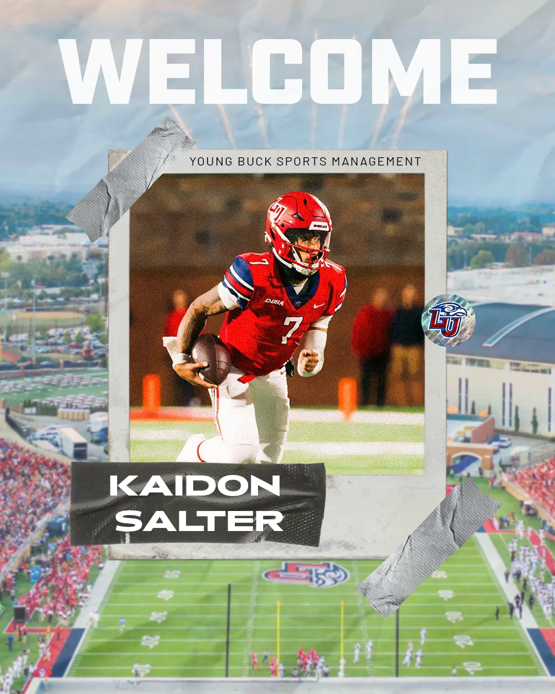 Collage-style graphic of Kaidon Salter inside a Polaroid frame taped over an aerial stadium view.