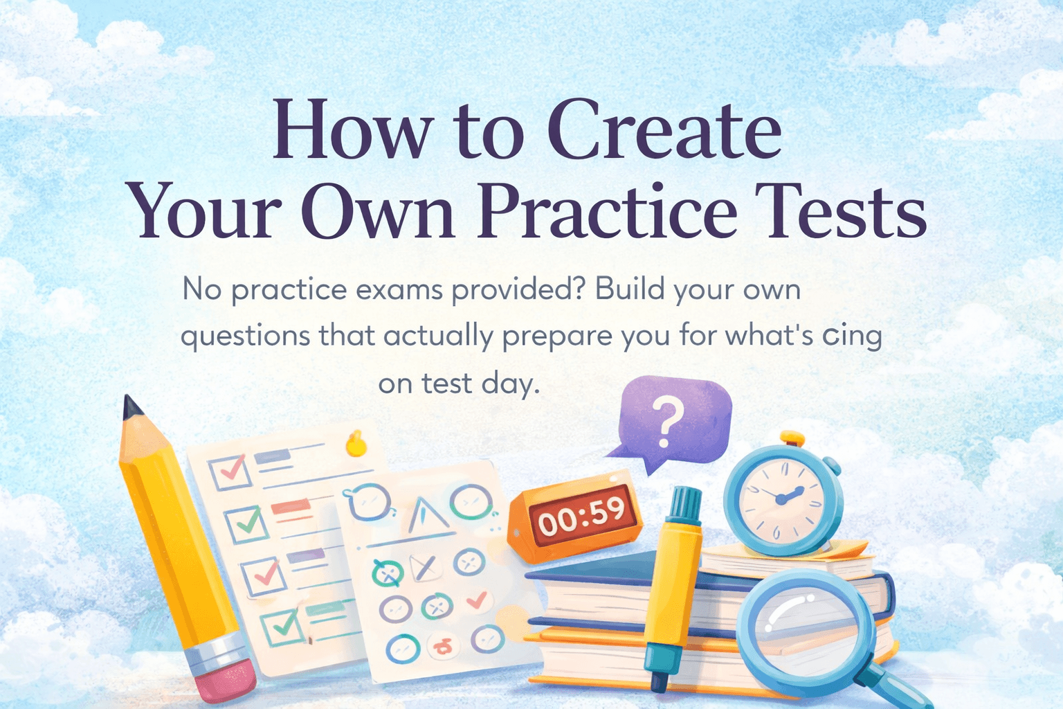 How to Create Your Own Practice Tests with checklist sheets, books, timer, and pencil showing DIY exam prep strategy.