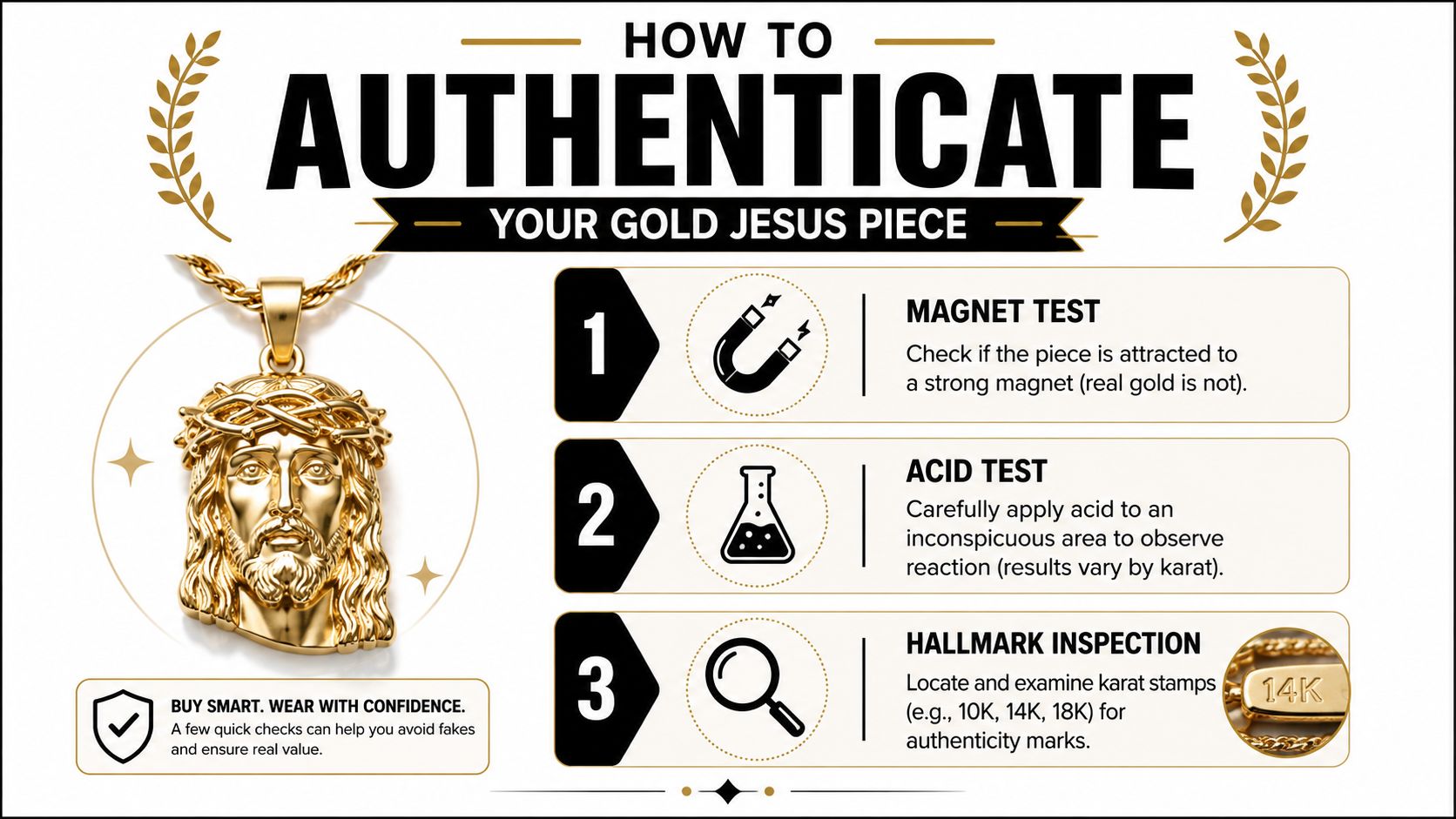 An infographic titled How to Authenticate Your Gold Jesus Piece, illustrating three testing methods for gold jewelry.