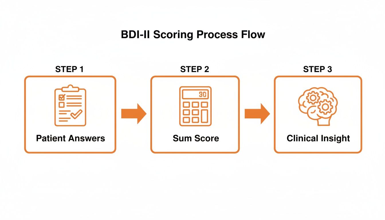 Flowchart illustrating the BDI-II scoring process: patient answers, sum score, and clinical insight.
