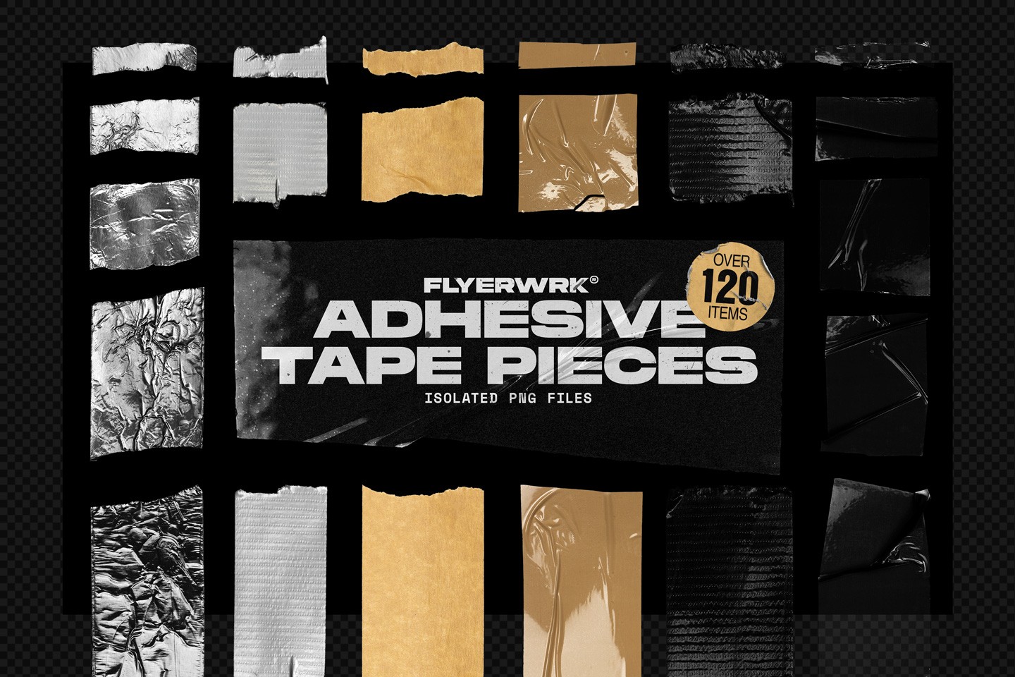 Isolated Adhesive Tape Pieces bundle including various textures like aluminum duct tape and masking tape textures