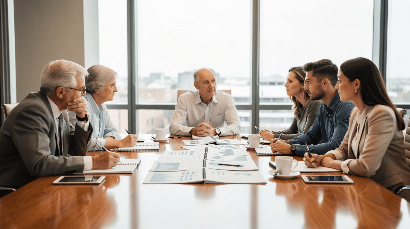 A multi-generational family is gathered around a large wooden conference table, engaged in discussions about family governance and wealth decisions. Documents and notebooks are spread out in front of them, symbolizing their commitment to effective family communication and collective decision-making as they navigate the challenges of managing their family's business and shared values.
