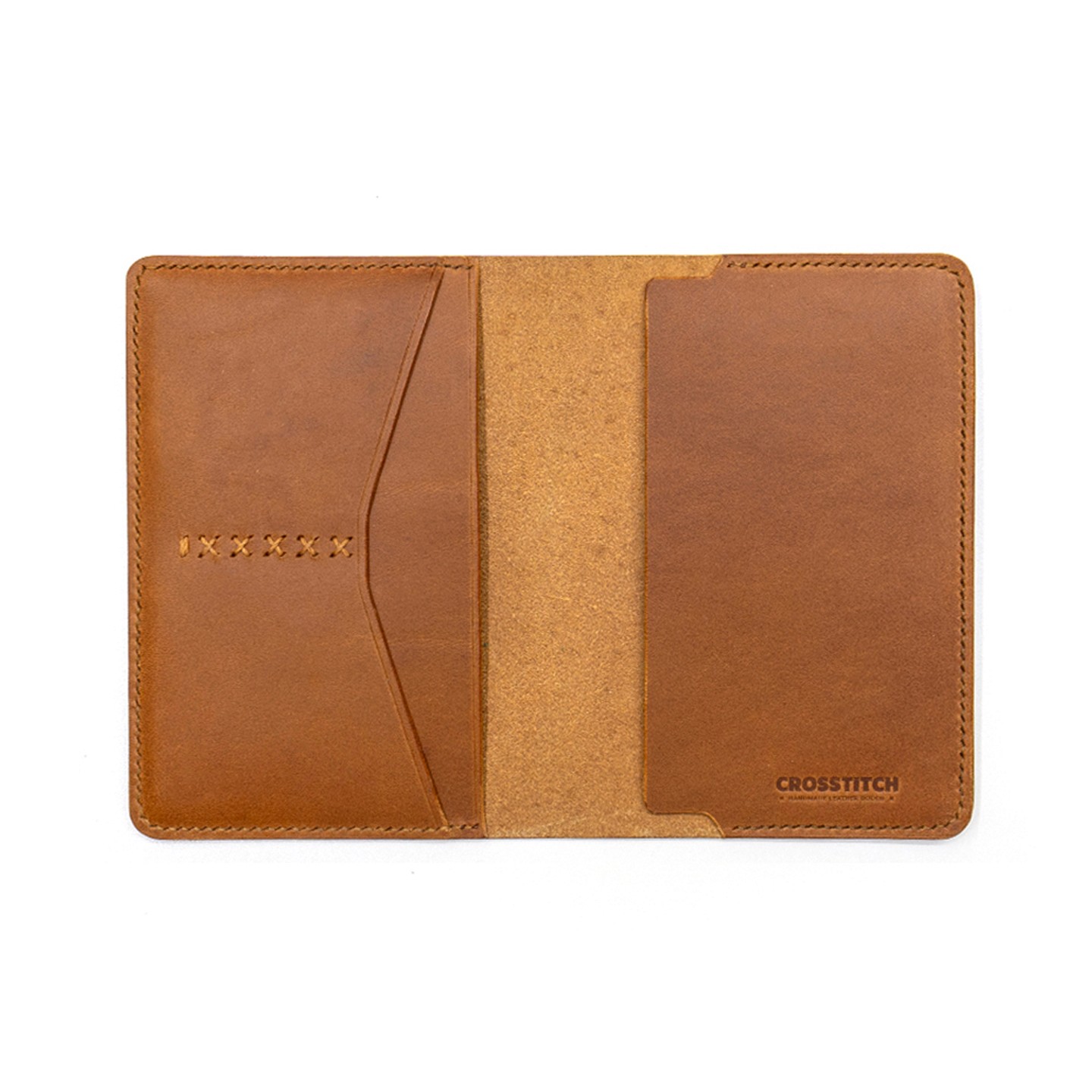 Interior of Crosstitch Leather’s brown vegetable-tanned money envelope, showing magnetic closure and internal pocket.