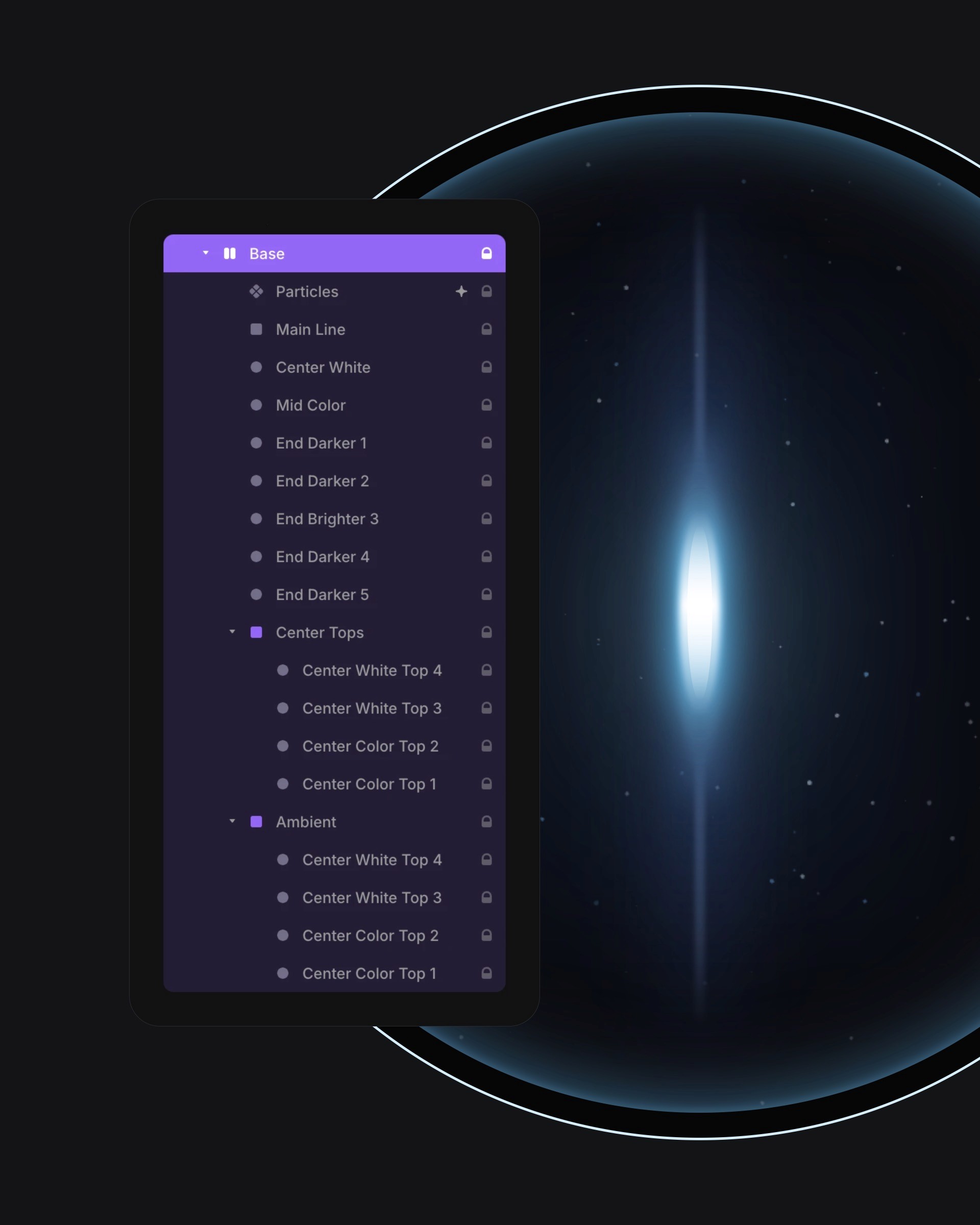 Design interface showing layer structure for a glowing particle effect, with 'Base' components including Particles, Main Line, and various color gradients