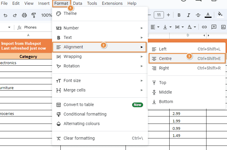 Go to the Format menu and choose Alignment > Left, Center, or Right.