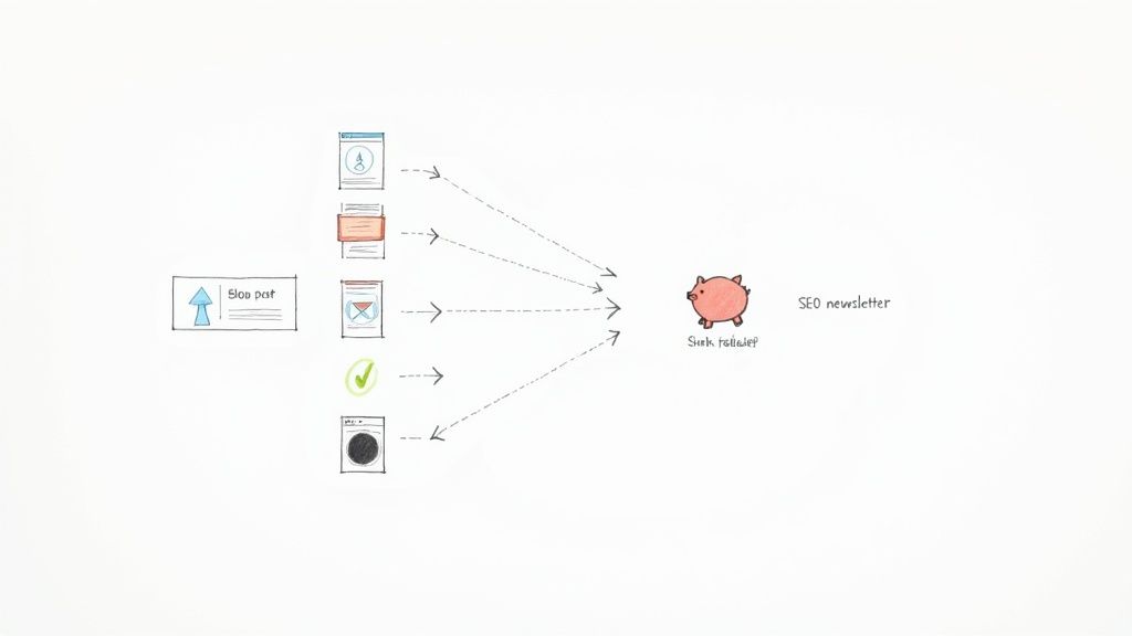 A person sharing content from a laptop to various social media icons floating around them.