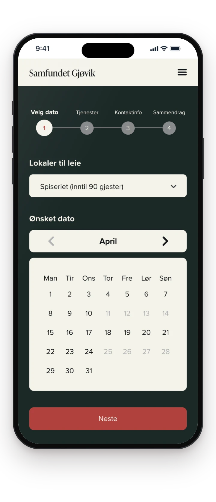 High-fidelity booking step 1 on a phone: venue dropdown and calendar for choosing a date