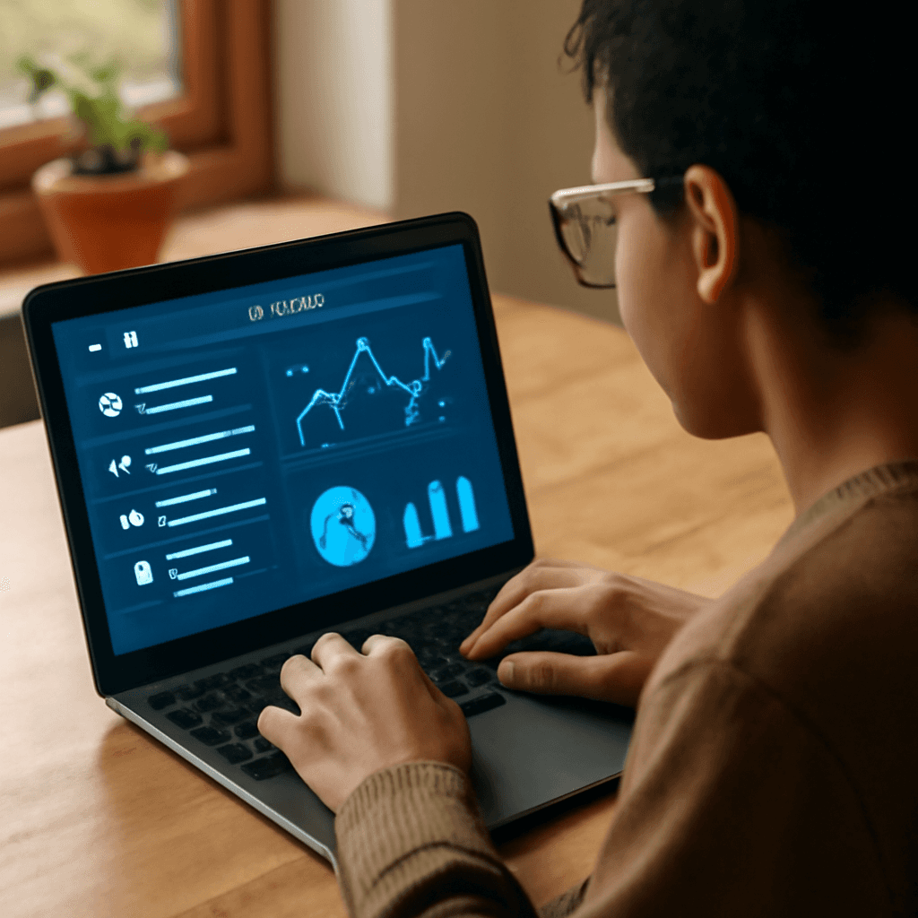 person analyzing keyword trends on a laptop