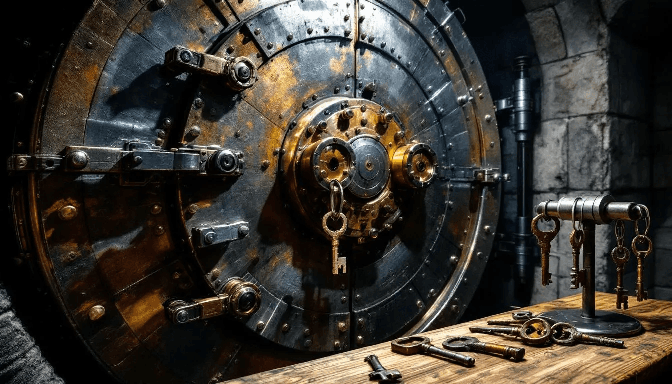 The image depicts a secure vault featuring multiple locks and keys, symbolizing the concept of self custody in managing digital assets. This secure environment emphasizes the importance of keeping private keys safe, highlighting the benefits of self custodial wallets for financial sovereignty and complete control over one's crypto assets.