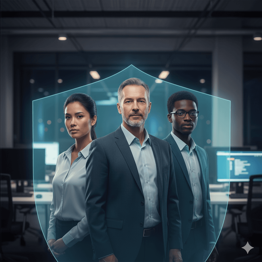 Silhouette of a researcher examining a slide under a microscope with a blue background.
