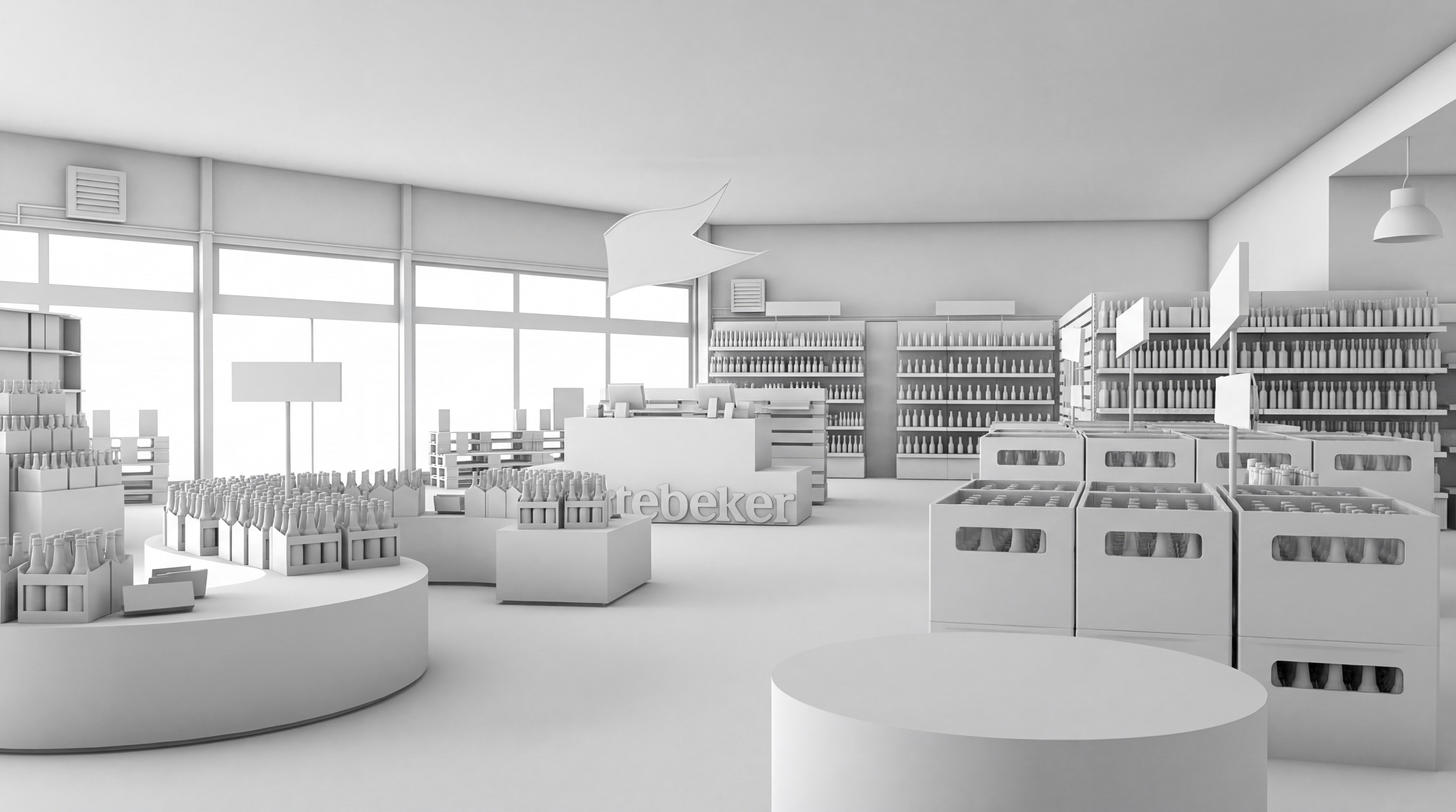 Store interior with shelves of bottles and crates.