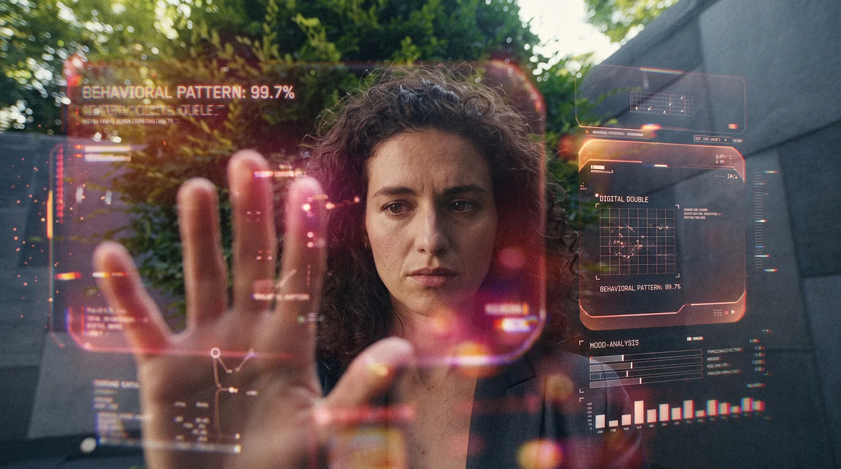 Serious woman stopping holographic screens showing behavioral pattern 99.7% digital double mood-analysis, data collection