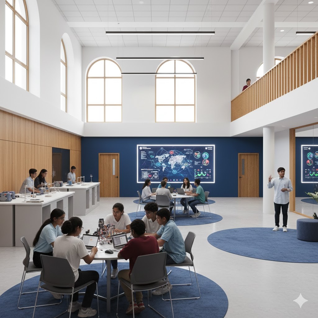 A school building stands against the backdrop of a clear sky