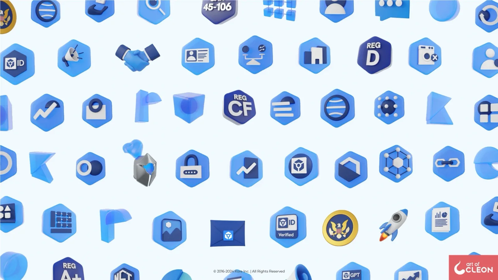 A library of blue 3D objects on a white background, including translucent hexagonal forms, Reg D, Reg CF, and Reg A+ seals, a padlock, envelope, rocket, charts, coins, profile icons, and devices.