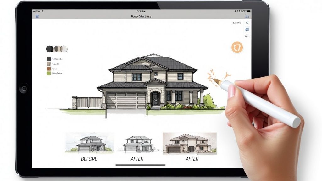 A hand uses a stylus on an iPad displaying a digital house elevation for color and design changes.