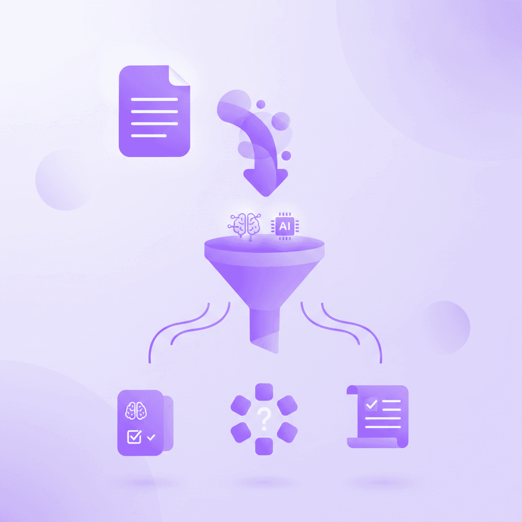 Infographic showing a document uploaded into a funnel, coming out as flashcards, quizzes, and a study guide