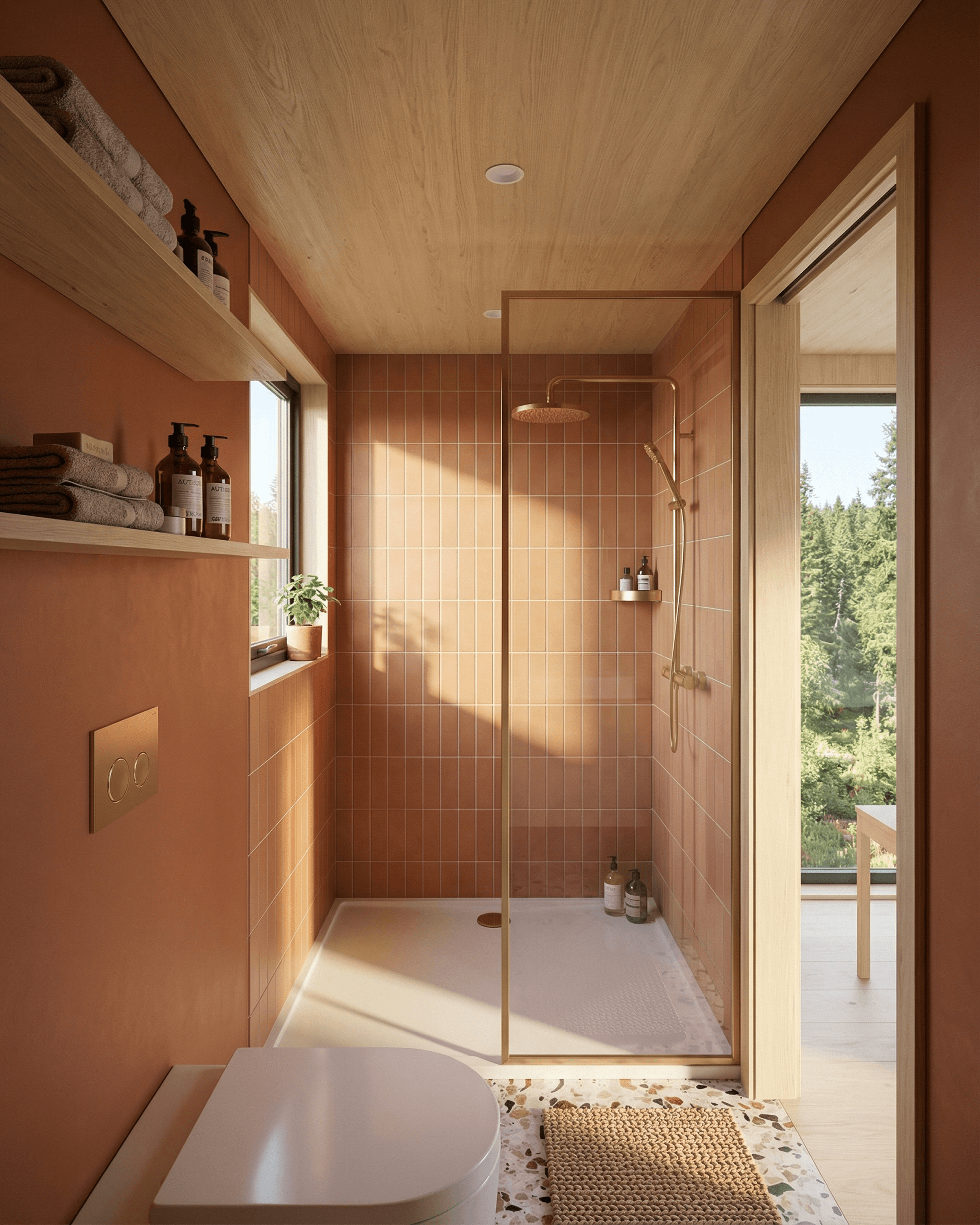 Compact cabin bathroom design with terracotta tiles, walk-in shower, and brass fixtures, featuring natural light and a clean small cabin layout.