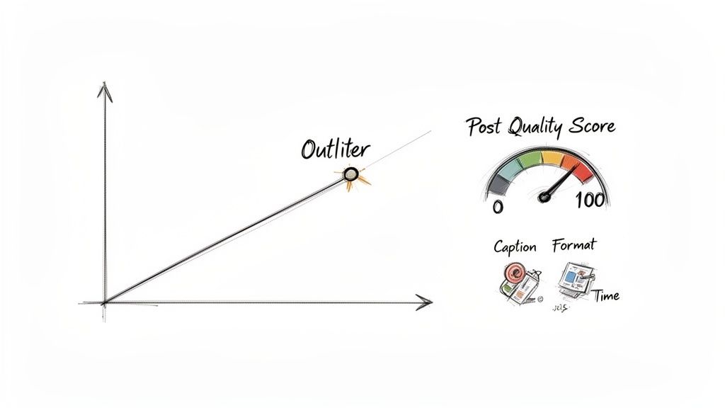 A diagram showing post quality score, an outlier point, caption format, and time factors.