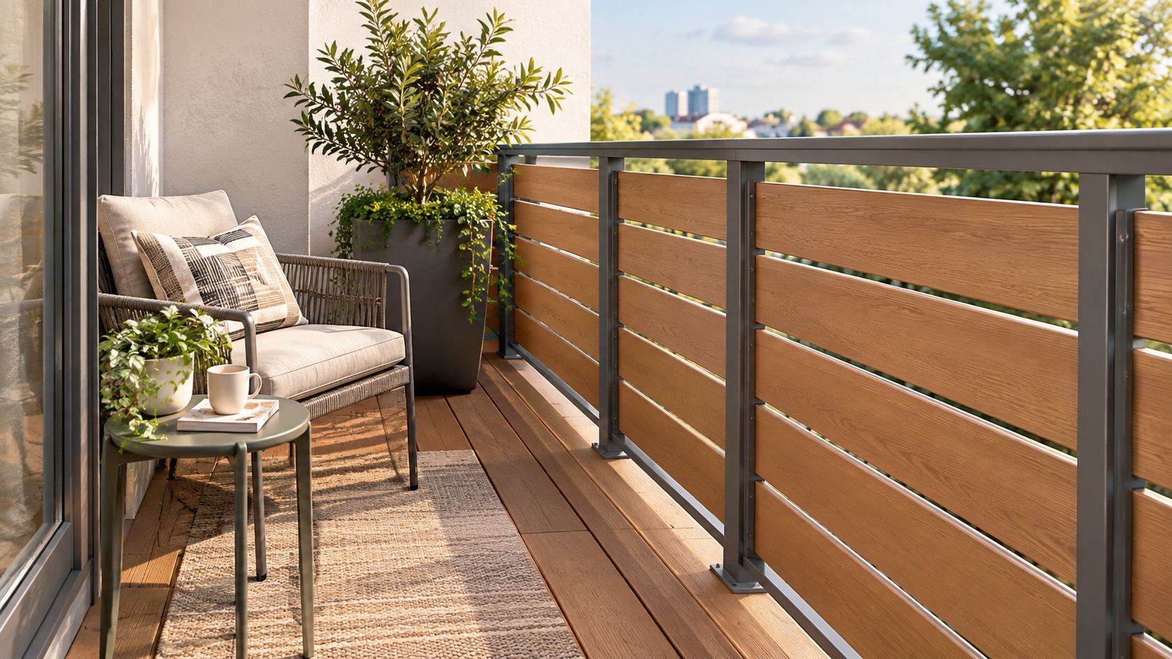 A cozy modern balcony featuring a comfortable lounge chair, side table, potted plant, and stylish wooden railing.