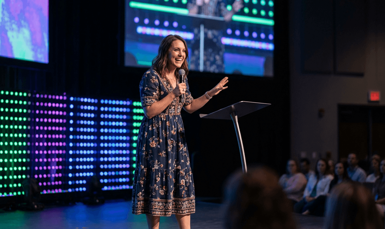 Confident male speaker in a white shirt and headset mic gesticulates on stage with teal spotlighting.