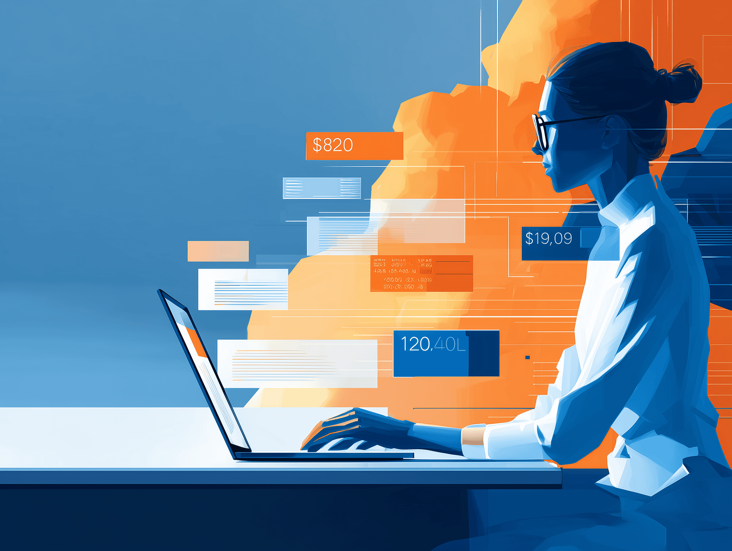 Professional analyzing SaaS data and costs on a laptop with floating analytics and pricing indicators