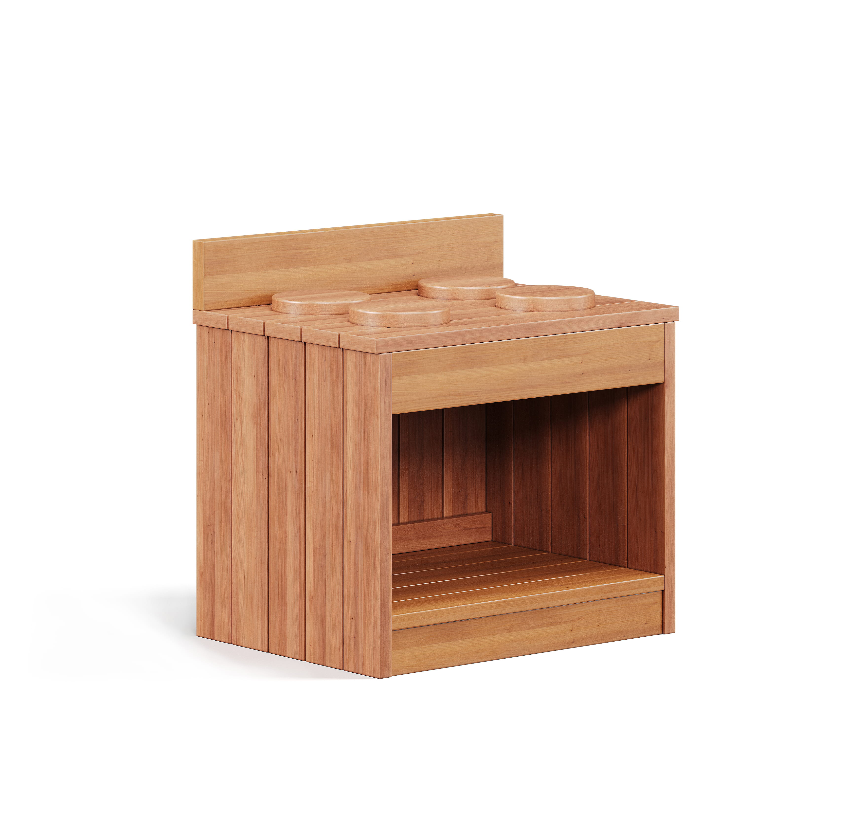 Wooden kitchen cabinet 3D render with open shelf and integrated cooktop surface