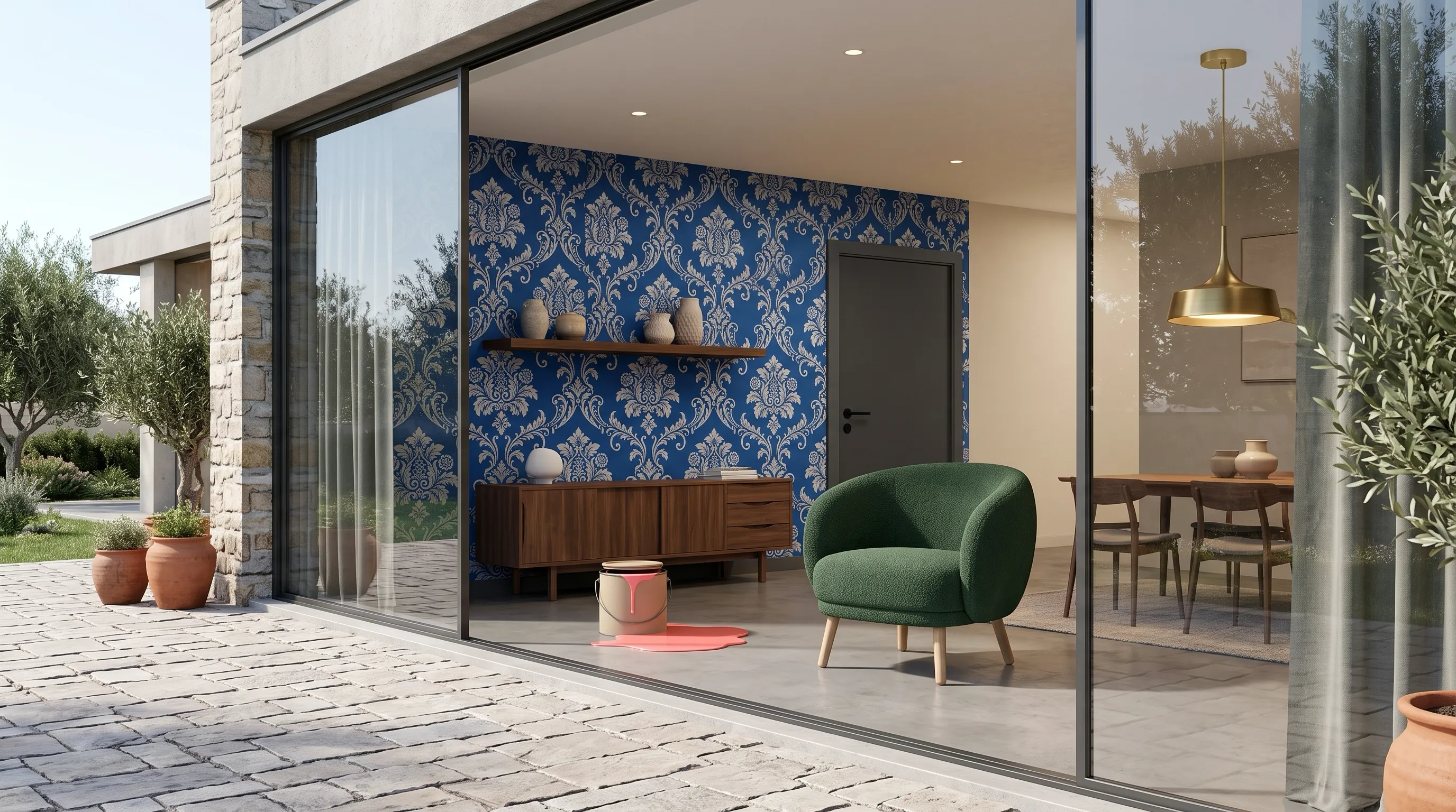 Modern home interior with blue floral wallpaper and green lounge chair