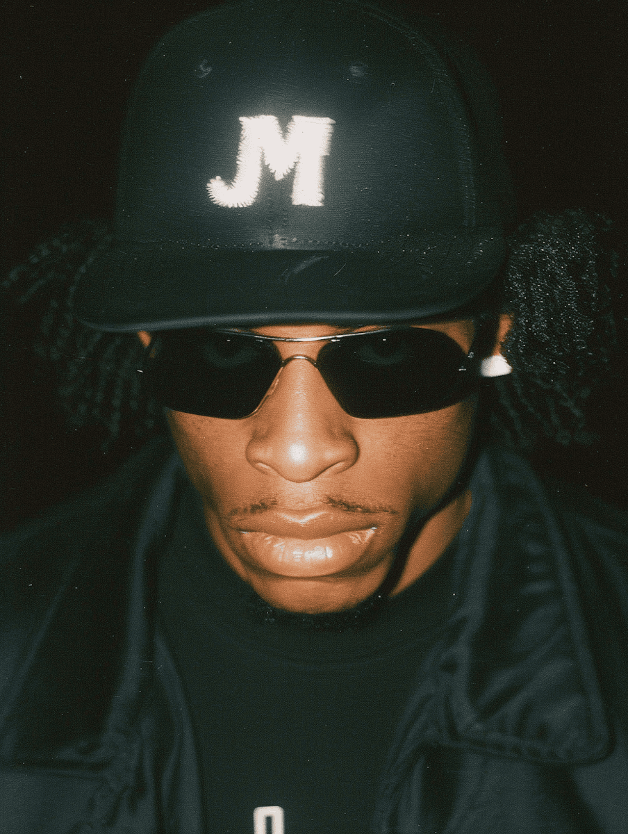 Portrait of a man wearing a dark baseball cap with a bold “M” on the front, sunglasses, and a dark jacket, photographed against a black background.