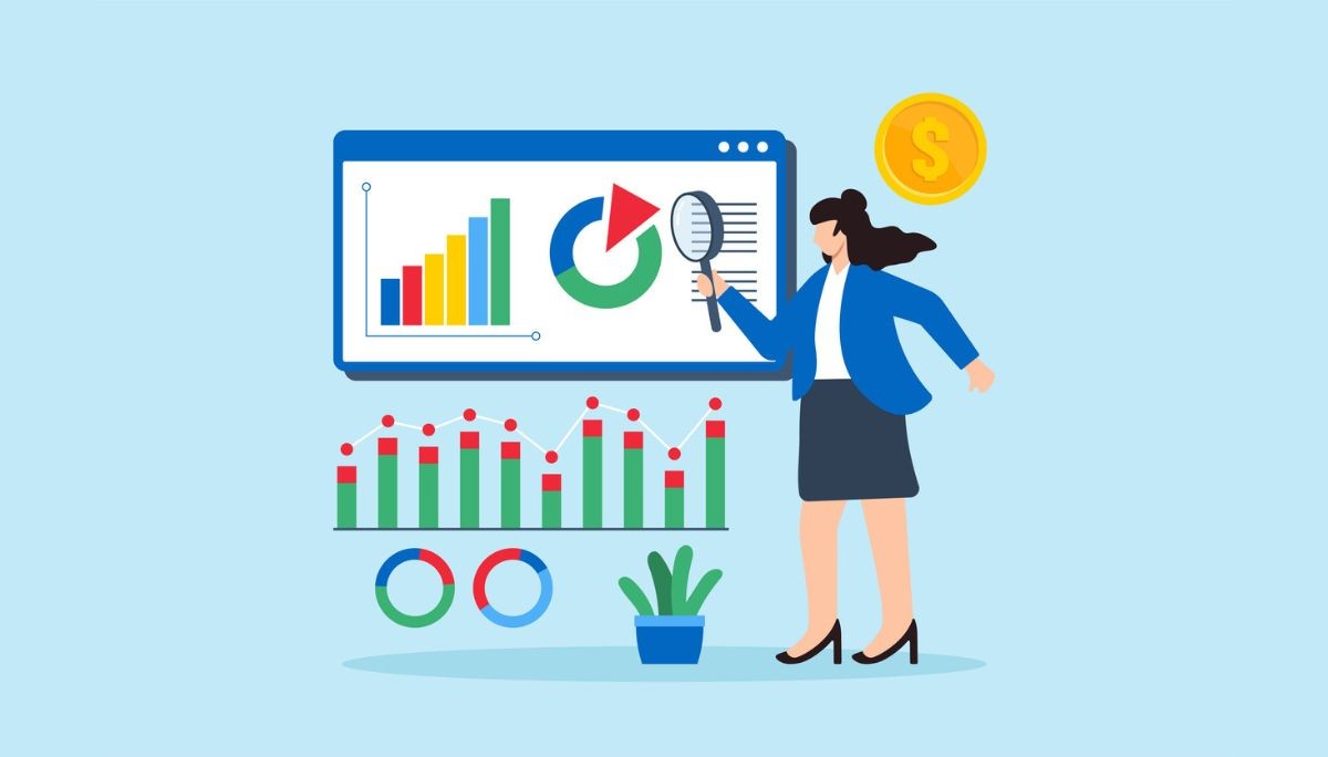 Illustration of a woman examining charts and graphs on a large screen with a magnifying glass, symbolizing monthly recurring revenue analysis and financial metrics.