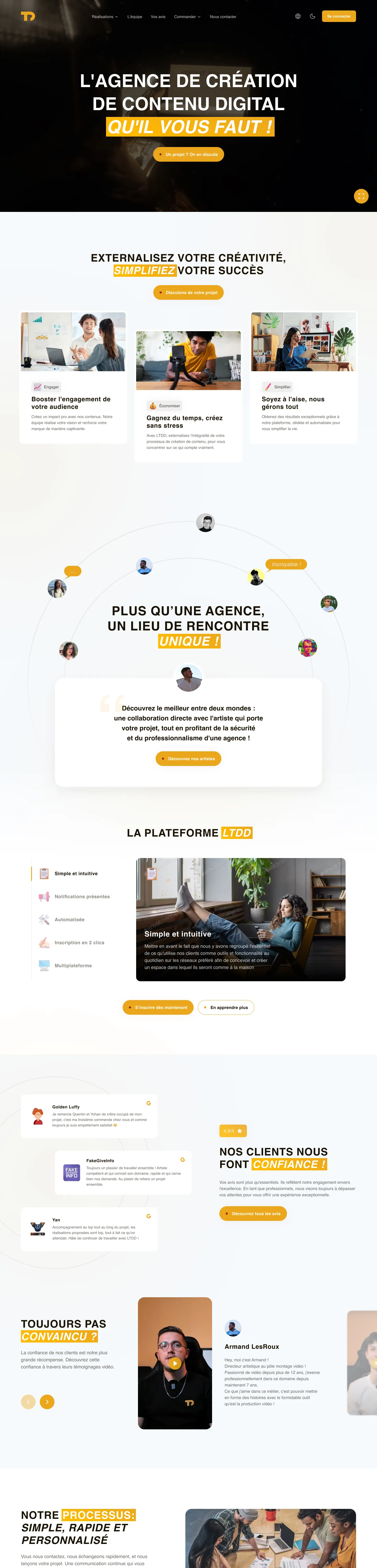 Page d'accueil de La Taverne du Design, présentant leurs services, ainsi que des avis vidéo et textuels.