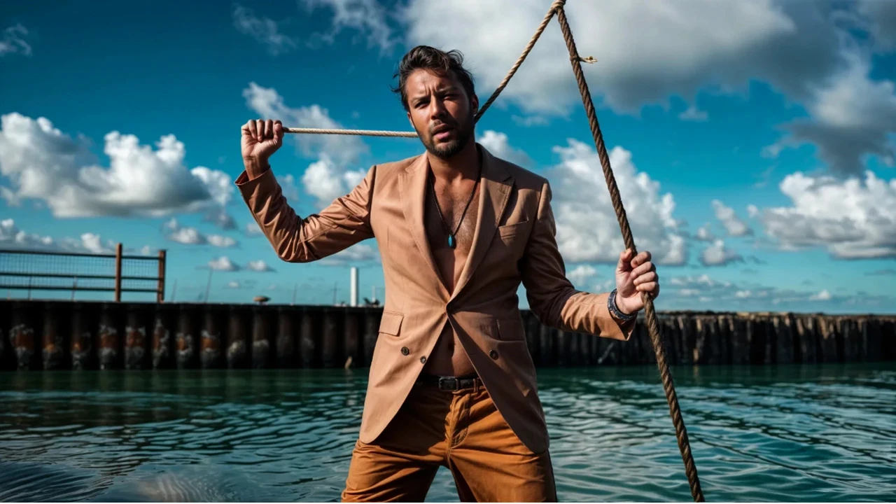 Sous un ciel bleu ponctué de nuages, un homme vêtu d’une veste beige ouverte et d’un pantalon marron se tient dans l’eau, près d’un quai en arrière-plan. Il tient fermement une corde épaisse dans chaque main, comme s’il s’appuyait sur un point d’ancrage. Son regard est sérieux et concentré. Cette scène accompagne la thématique “Retour à l’essentiel en communication, simplicité et efficacité”, en symbolisant l’ancrage, la clarté et la maîtrise dans un environnement complexe.
