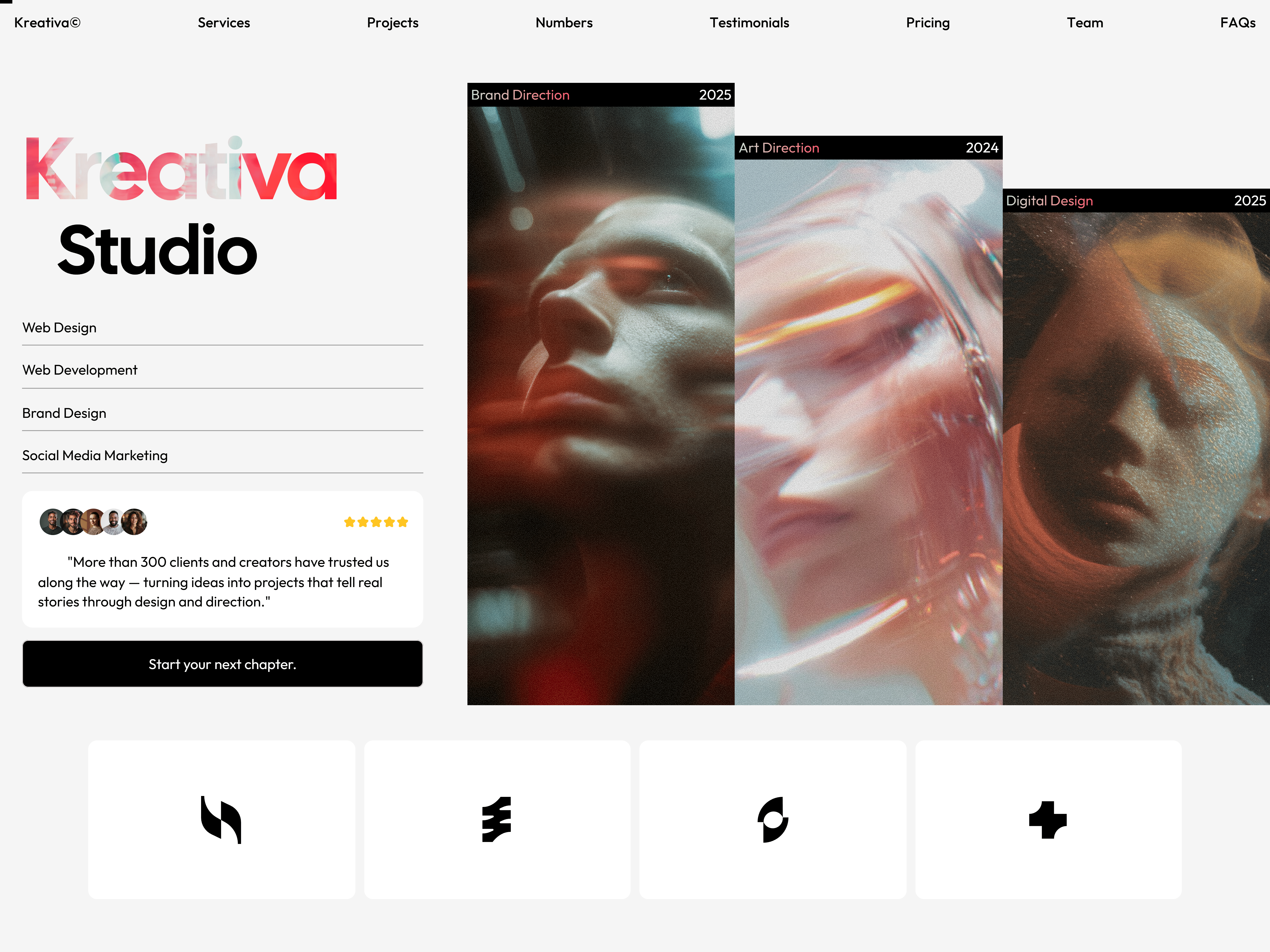 "Kreativa Studio" homepage. On the left, a service menu and a featured testimonial. On the right, three vertical artistic images under the labels Brand Direction, Art Direction, and Digital Design.