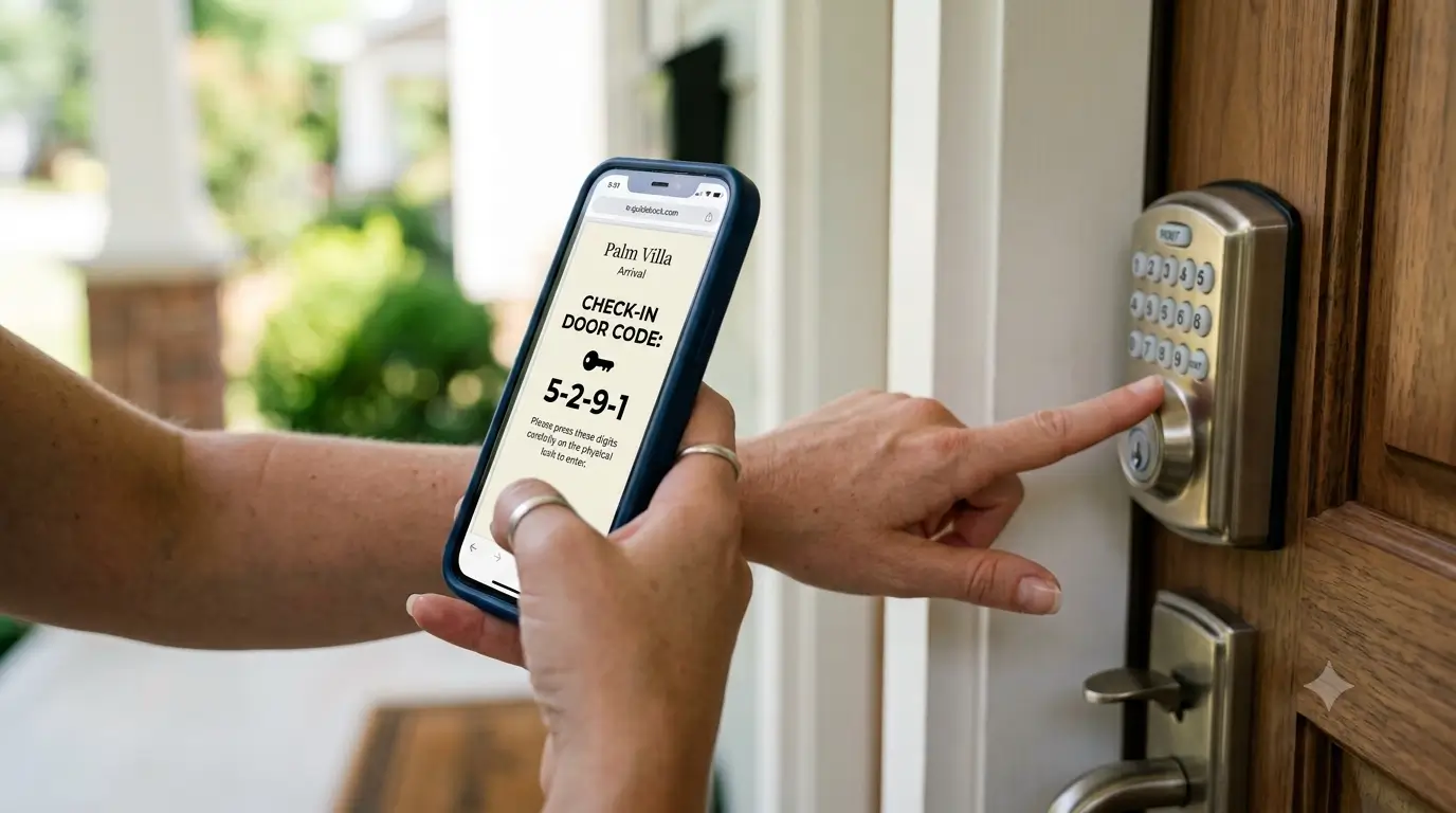 A phone photographing a front-door lockbox to show guests exactly where the entry code is.