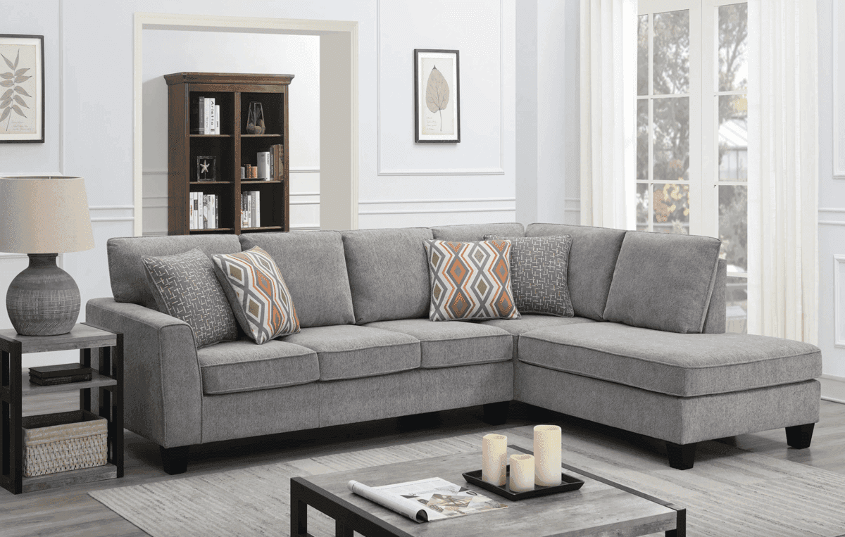 Light gray Oliver Smith linen sectional sofa in a well-decorated living room