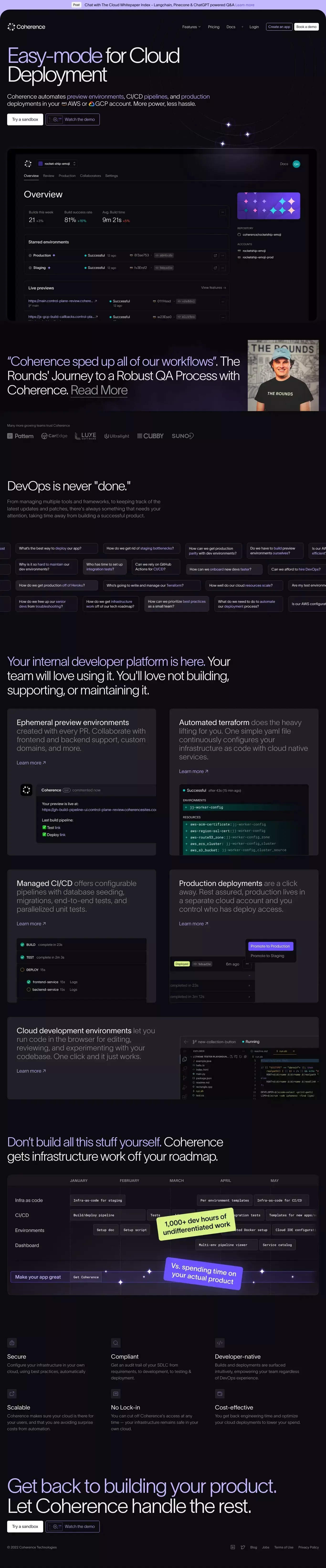 Coherence landing page screenshot showcasing Tech design