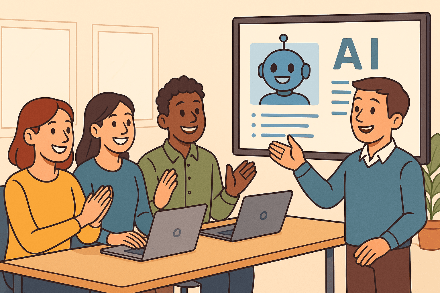A cartoon illustration of three diverse professionals seated at a training table with laptops, happily listening to a presenter explaining AI. On the screen behind him is a friendly robot icon and the letters “AI,” symbolizing engaging, AI-powered learning in a modern workplace.
