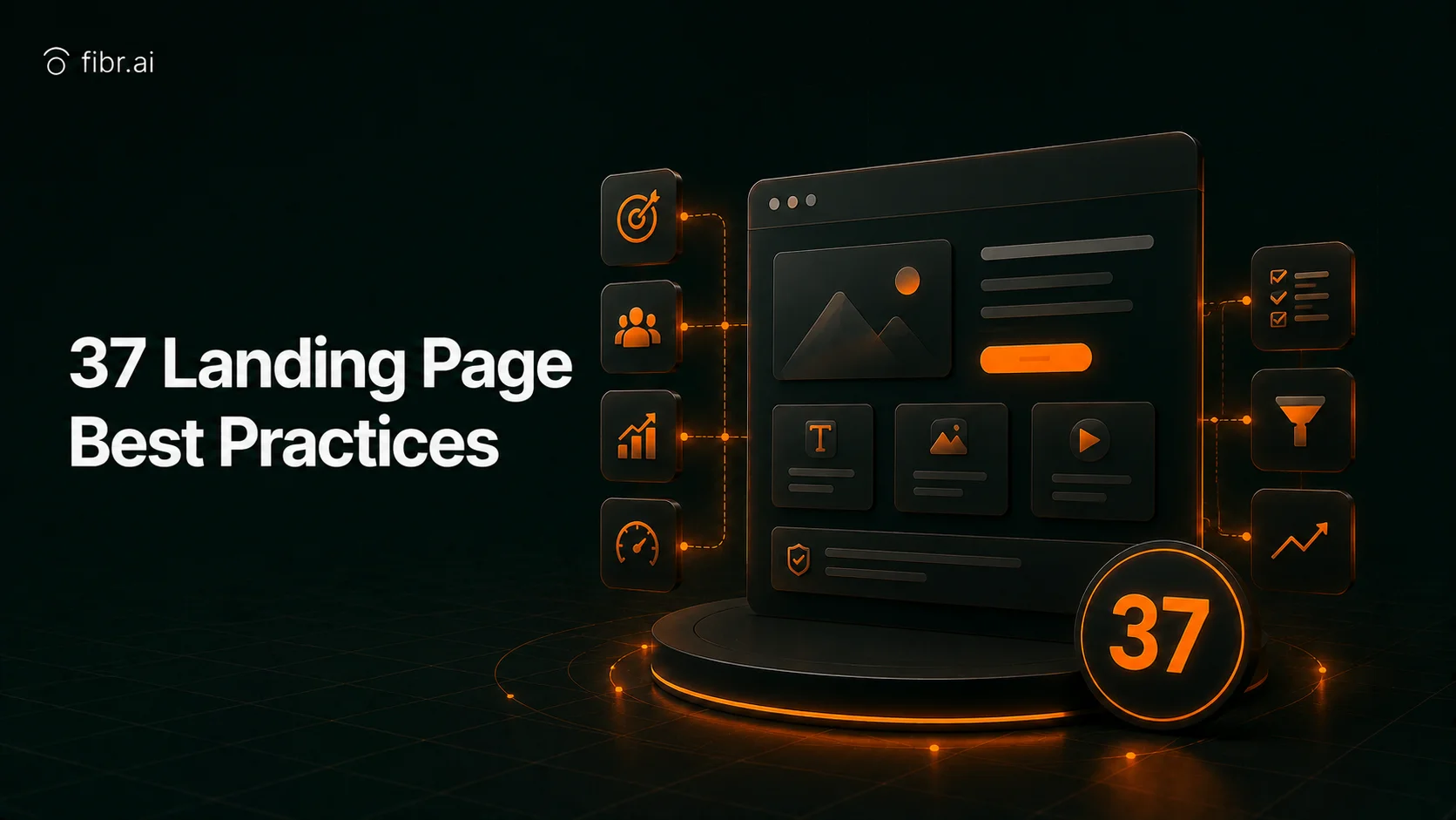 37 landing page best practices visualization with modular page components, optimization signals, and conversion-focused design elements.