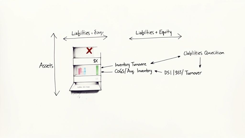 A whiteboard drawing illustrating financial concepts like assets, liabilities, equity, and inventory turnover calculations.