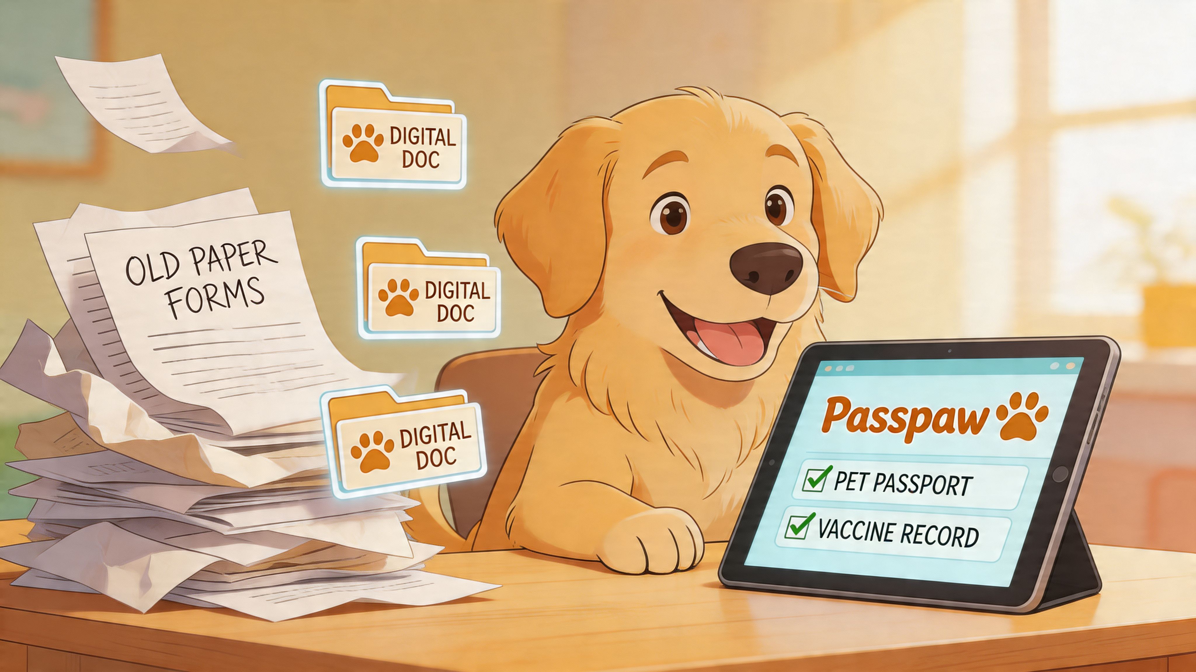A golden retriever puppy smiles next to a stack of old paper forms and a tablet computer.