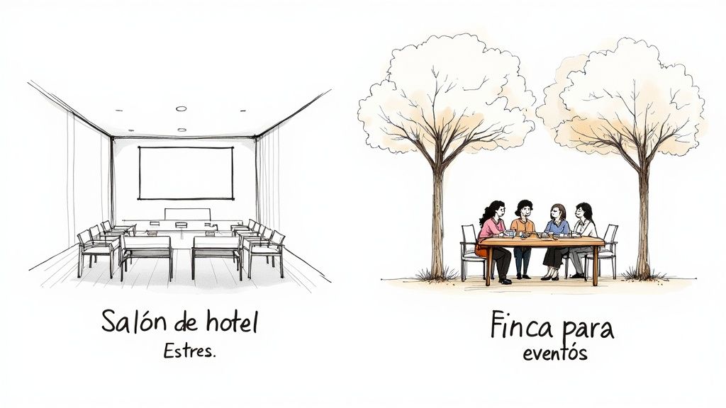 Dibujo comparativo de un salón de hotel estresante y una finca para eventos relajada con gente disfrutando.