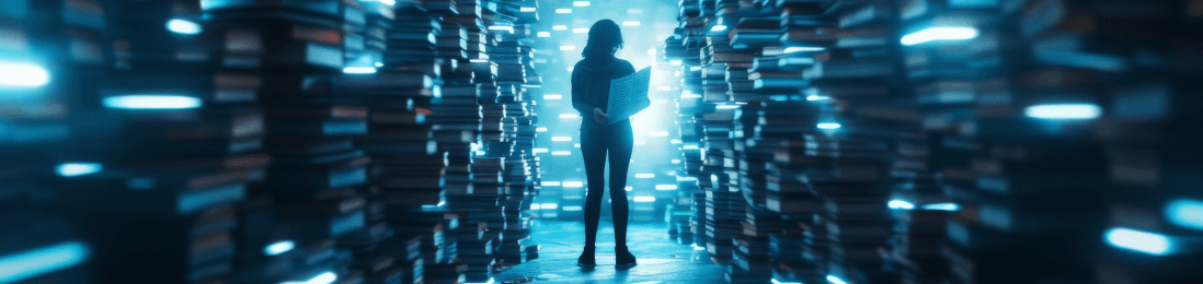 Header Image of woman standing in between walls of books, representing edYOU
