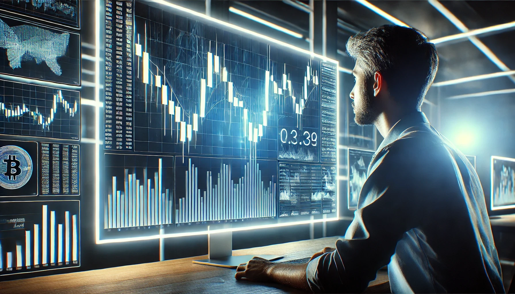 Crypto-themed image featuring charts, digital coins, and market trends, representing cryptocurrency trading and blockchain technology.