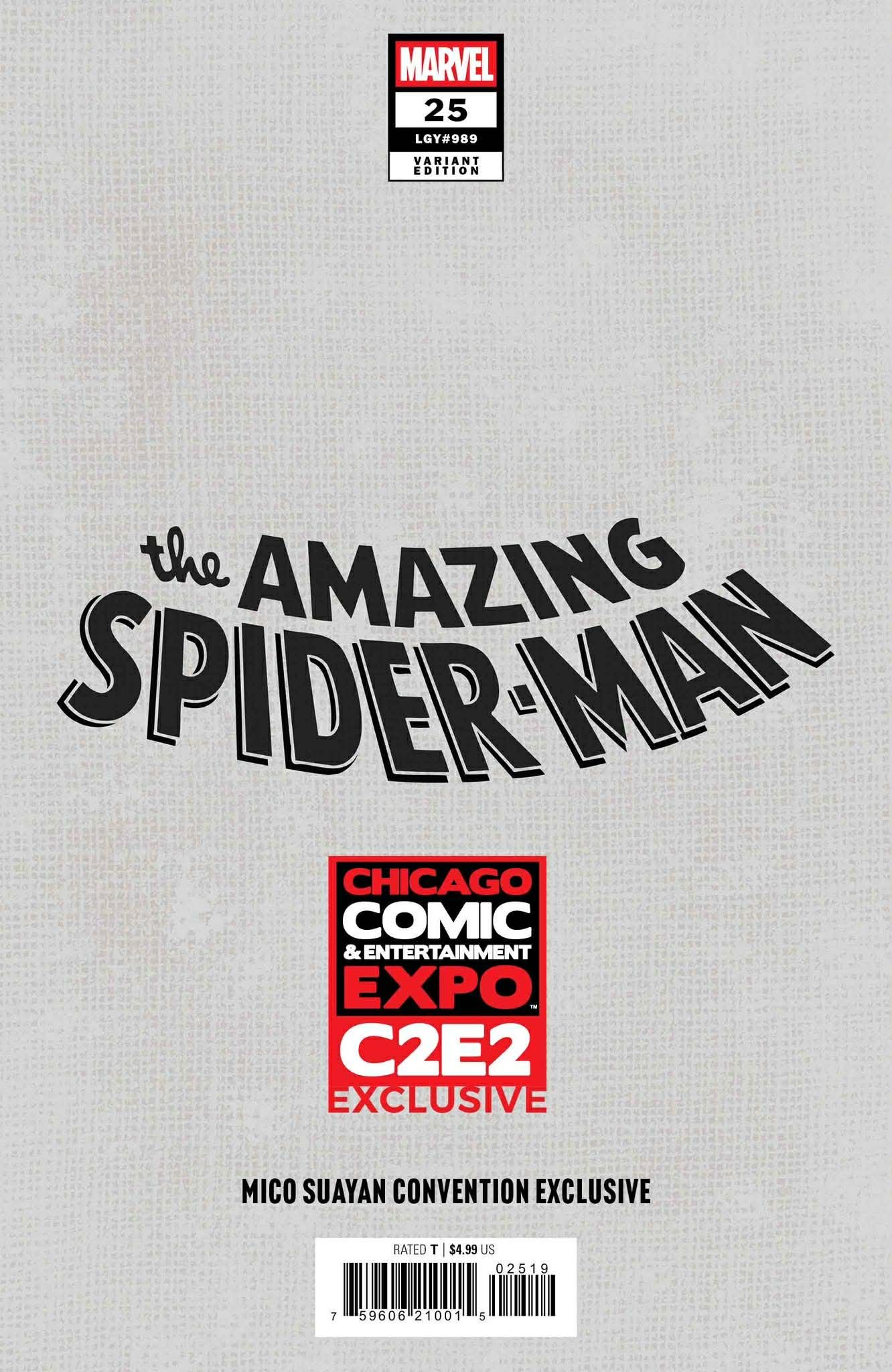 Spider-Man #25 Mico Suayan Big Dex Comics C2E2 Exclusive Virgin Variant back cover showcasing design and publisher details