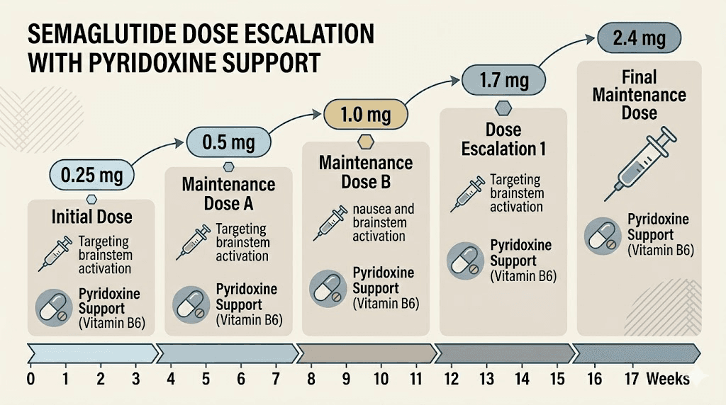 Semaglutide with pyridoxine dose escalation timeline week by week