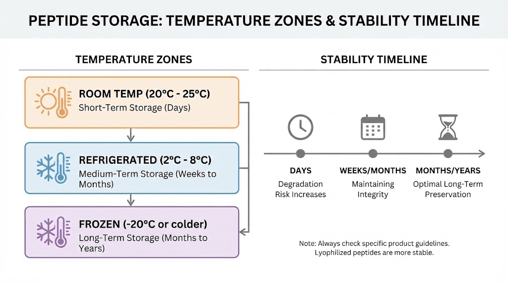 Peptide storage temperature guide showing optimal conditions