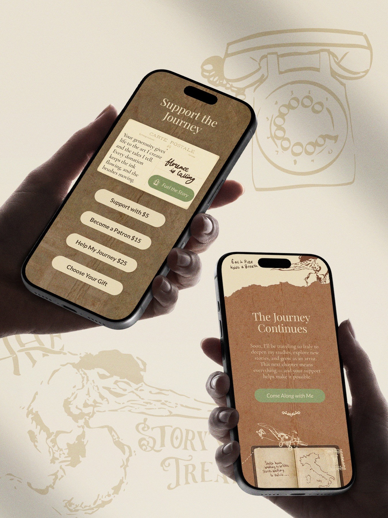 Phone screen views of the website design.