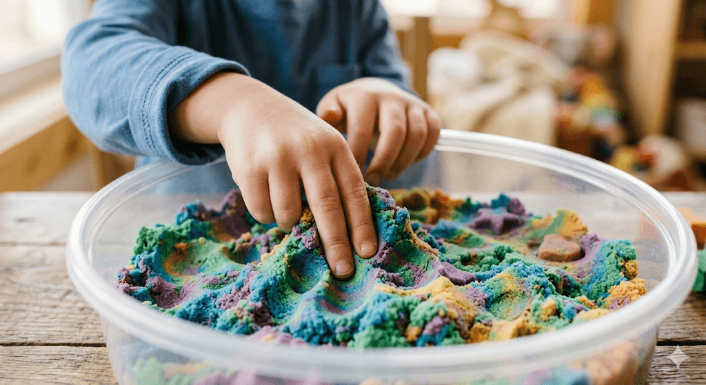 A close-up of a child’s hands pressing into a container of colorful kinetic sand or therapeutic putty. The focus is on the texture and the calming effect of the activity. Macro photography, vibrant but soothing colors, shallow depth of field.
